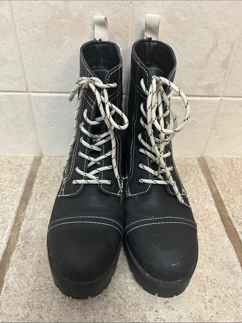 Marshalls Black Lace-Up Platform Boots with White Contrast Laces